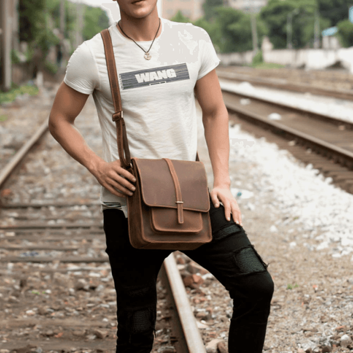 Ekphero Men Vintage Multifunction PU Leather Large Capacity Flip Casual Crossbody Bag Shoulder Bag - MRSLM