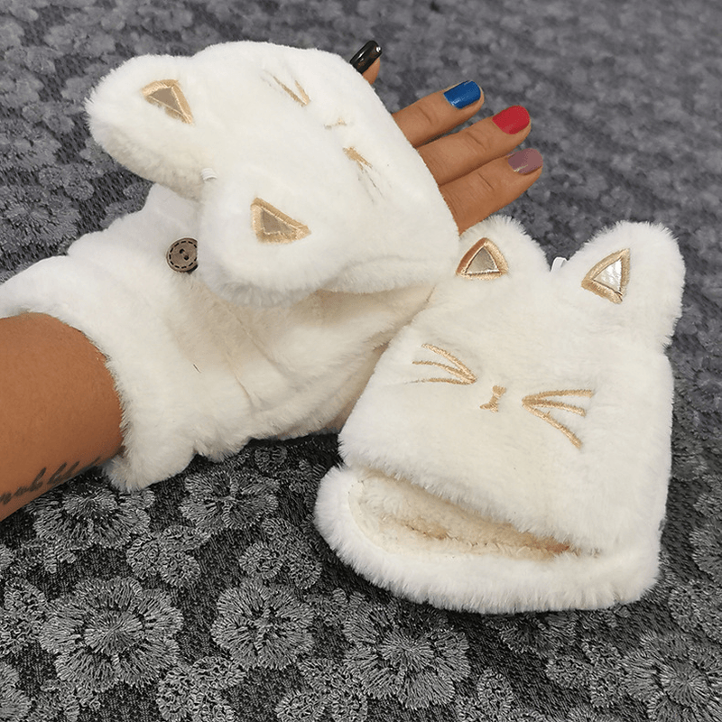 Women Plush plus Thicken Cute Cartoon Cat Pattern Keep Warm Half-Finger Gloves - MRSLM