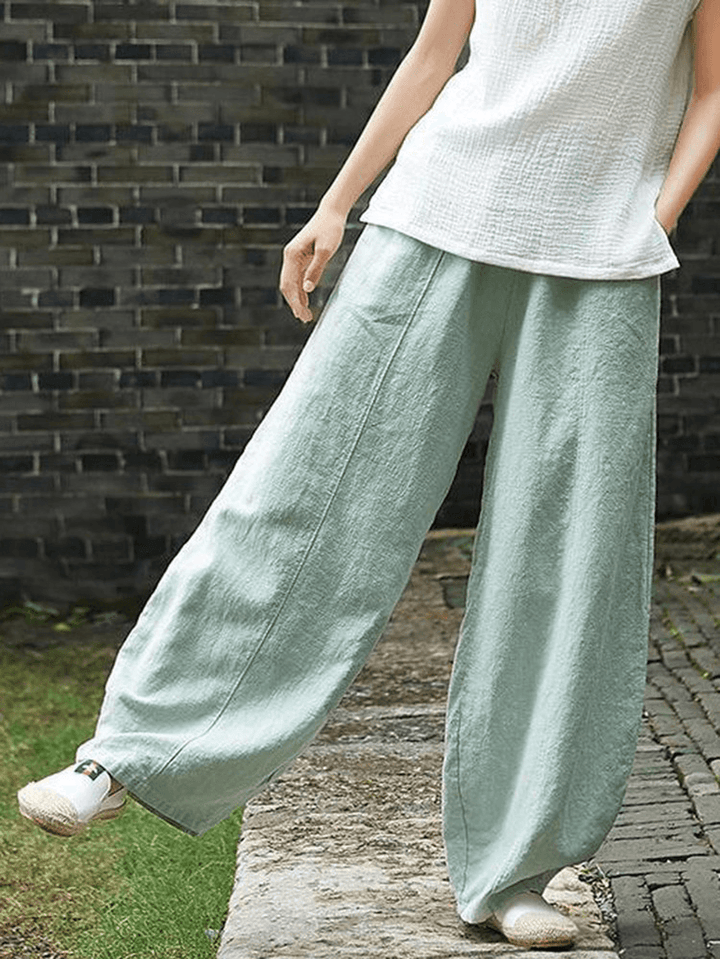 Cotton Linen Solid Color Elastic Waist Loose Casual Pants with Pocket - MRSLM