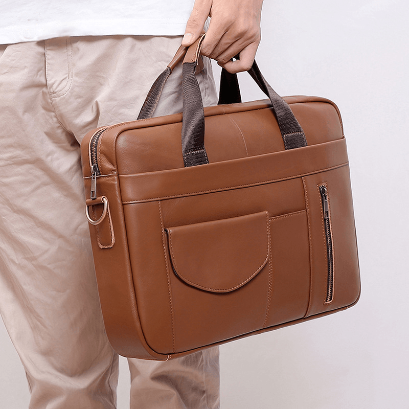 Men Multifunction Genuine Leather 15.6 Inch Laptop Bag Briefcases Retro Multi-Pocket Crossbody Bag Shoulder Bag - MRSLM