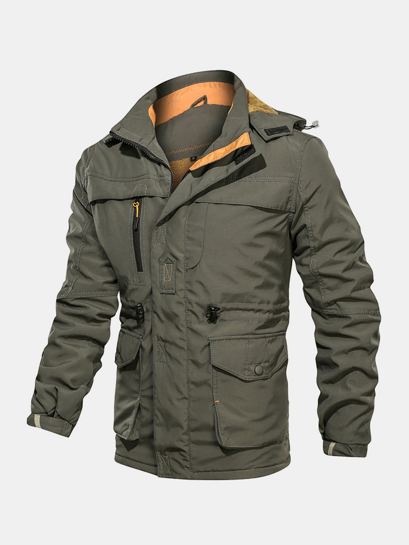 Mens Cotton Pocket Zip-Up Thick Lined Drawstring Waist Hooded Jacket - MRSLM