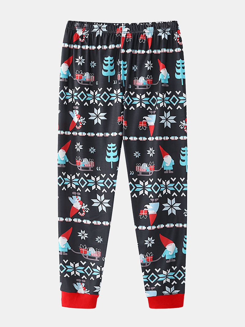 Women Cartoon Santa Claus Print V-Neck Long Sleeve Pullover Loose Jogger Pants Christmas Home Pajama Set - MRSLM