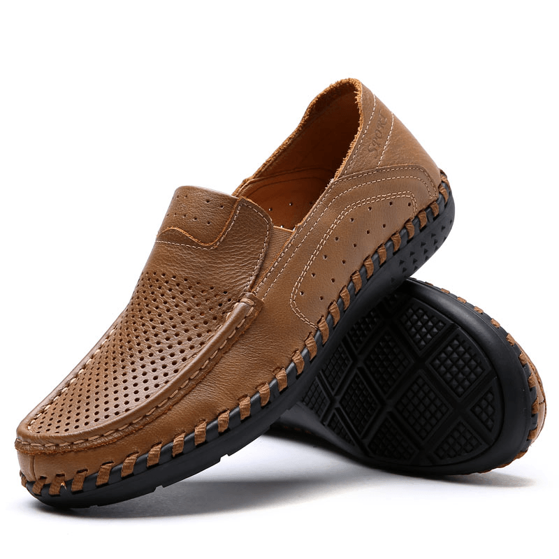 Men Leather Breathable Hollow Out Hand Stitching Soft Sole Non Slip Comfy Casual Shoes - MRSLM