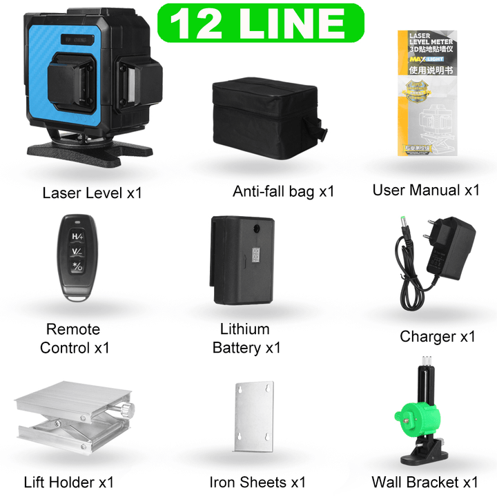 8/12/16 Lines 4D 360° Rotatable Green Light Laser Level Auto Self Leveling Rotary Cross Measure Tool - MRSLM