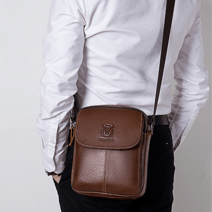 BULLCAPTAIN Men First Layer Cowhide Multi-Pocket Crossbody Bag Retro Large Capacity Back Anti-Theft Pocket Shoulder Bag - MRSLM