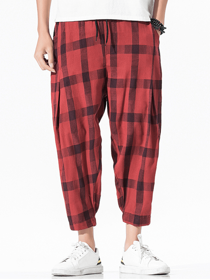 Men Linen Checked Drawstring Harem Pants - MRSLM