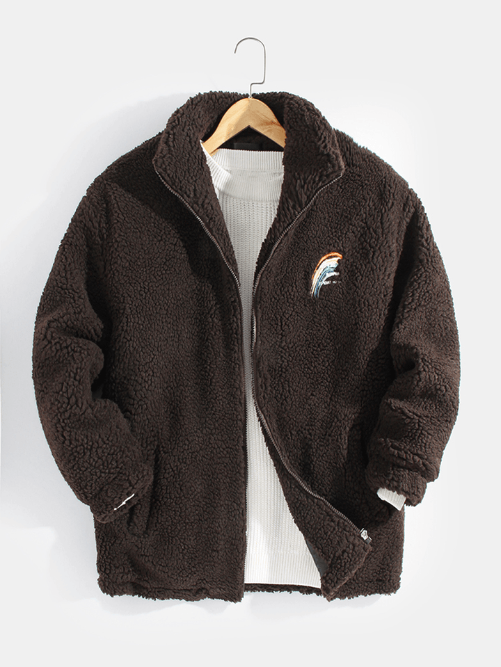 Mens Letter Rainbow Embroidered Zip Front Fleece Warm Casual Jacket - MRSLM