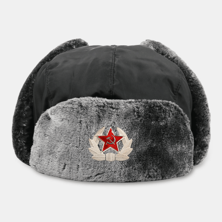 Men Solid Soviet Badge Windproof Trapper Hat Outdoor Thicken Ear Protection Warm Russian Hat Ushanka Hat - MRSLM