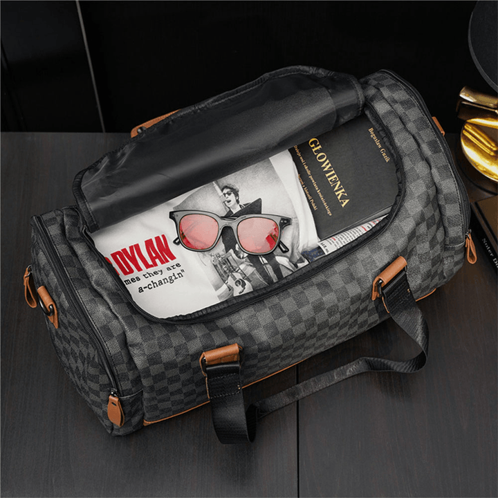 Men PU Leather Plaid Pattern Multifunction Handbag Fashion Multi-Pocket Travel Bag Fitness Bag Crossbody Bag Shoulder Bag - MRSLM