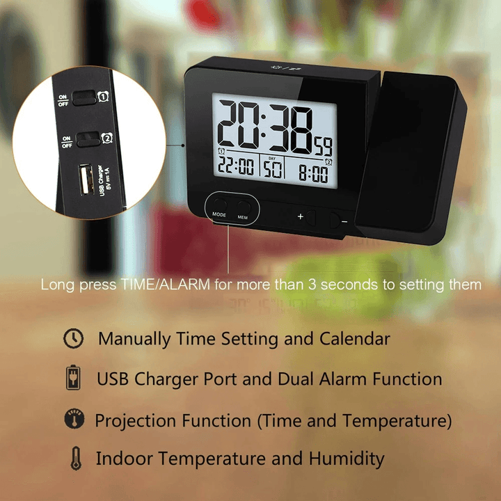 Projection Alarm Clock for Bedroom with Thermometer Hygrometer Digital Project Ceiling Clock Dimmable LED Display with USB Charger 180°Rotable with Dual Alarms 12/24H Snooze - MRSLM