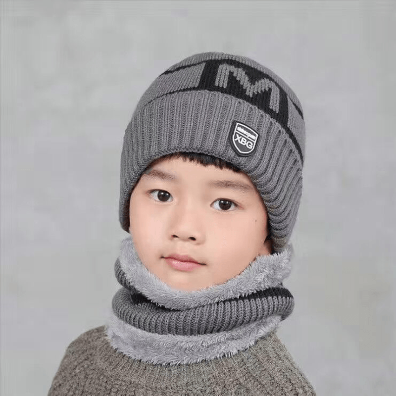 Children'S Hats for Autumn and Winter New Boys' Hats and Bibs Set Korean Letters Knitted Hedging Warm Woolen Caps - MRSLM