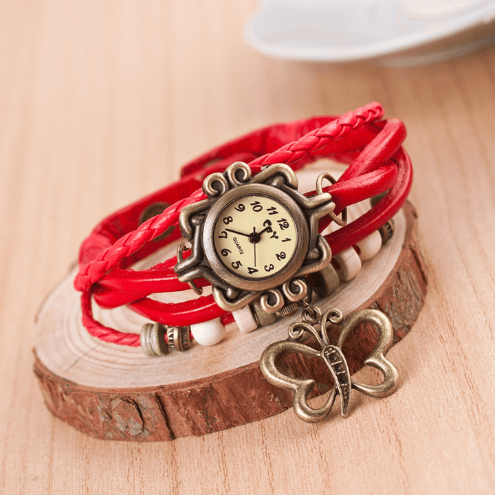 DOLAOR Multilayer Vintage Women Watch Hollow Butterfly Pendant Leather Retro Bracelet Watch - MRSLM