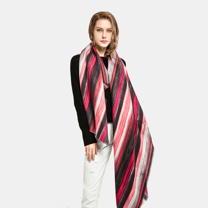 Women Autumn Winter Warm Comfortable Shawl Dual-Use Rainbow Pattern Striped Print Long Tassel Scarf - MRSLM