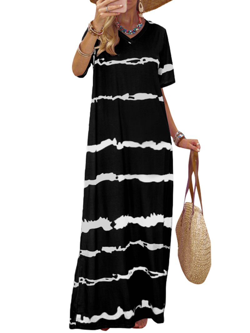 Bohemian Stripe Printed Clash Color Splicing Design V-Neck Dress - MRSLM