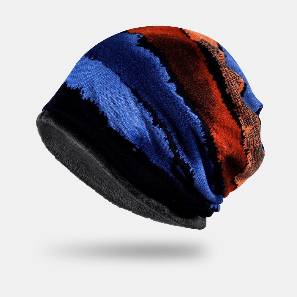 Women Dacron plus Velvet Dual-Use Geometric Stripes Print Warmth Windproof Bib Scarf Beanie Hat Baotou Hat - MRSLM