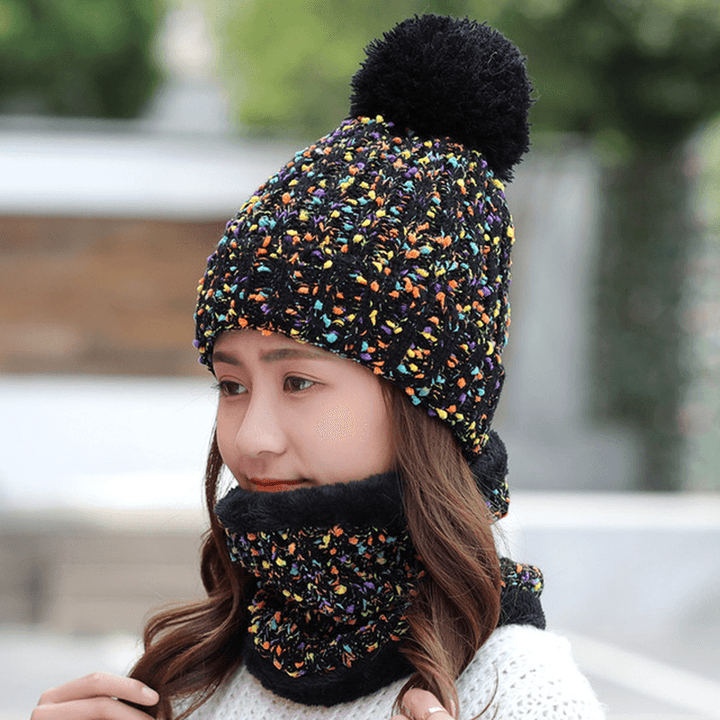 Thick Warm Wool Cap Bib Two-Piece Set Beanie Warm Winter Pom Cap - MRSLM