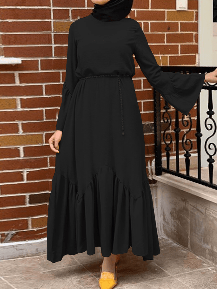 Women Solid Color Ruffle Long Sleeve Simple Kaftan Maxi Dresses - MRSLM