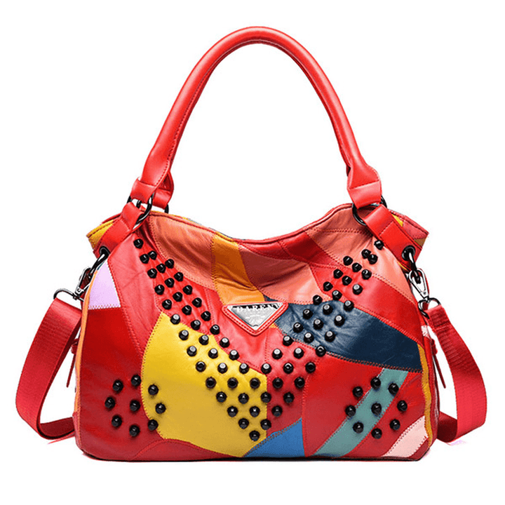 Women Genuine Leather Rivet Fashion Patchwork Handbag - MRSLM