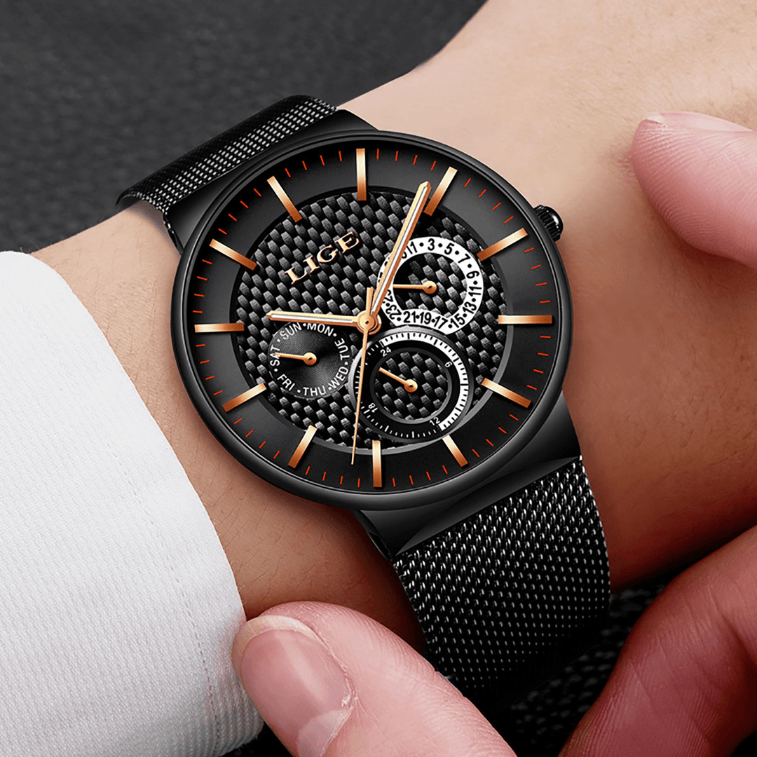 LIGE 9836 Business Casual Men Watch Waterproof Luminous Date Week Display Quartz Watch - MRSLM