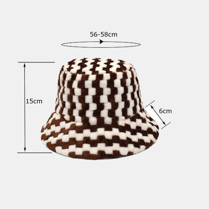 Unisex Lattice Jacquard Plush Warmth Bucket Hat Outdoor Casual Thicken Cool Protection Faux Rabbit Fur Hat - MRSLM