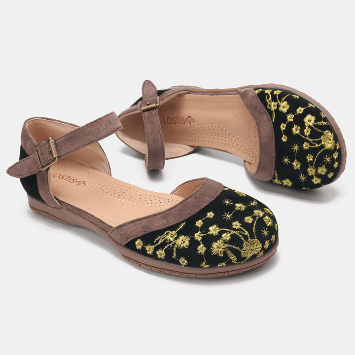 LOSTISY Women Flower Embroidery Soft Sole Slip Resistant Casual Flats - MRSLM