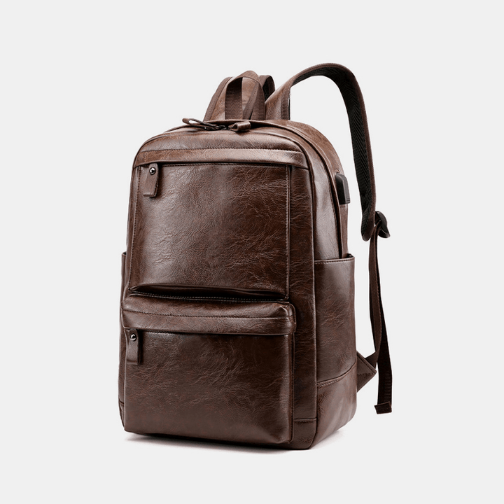 Men USB Charging Faux Leather Business Retro Large Capacity Waterproof 15.6 Inch Laptop Bag Backpack - MRSLM