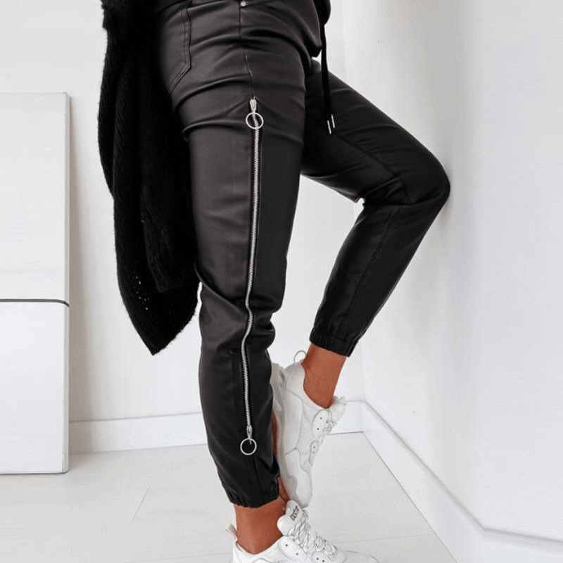 Women'S Casual Leather Pants Decorated with Loose Zippers - MRSLM