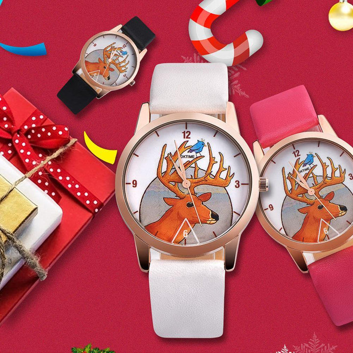 Fashion Christmas Deer Faux Leather Band Quartz Analog Wrist Watch Student Gift - MRSLM