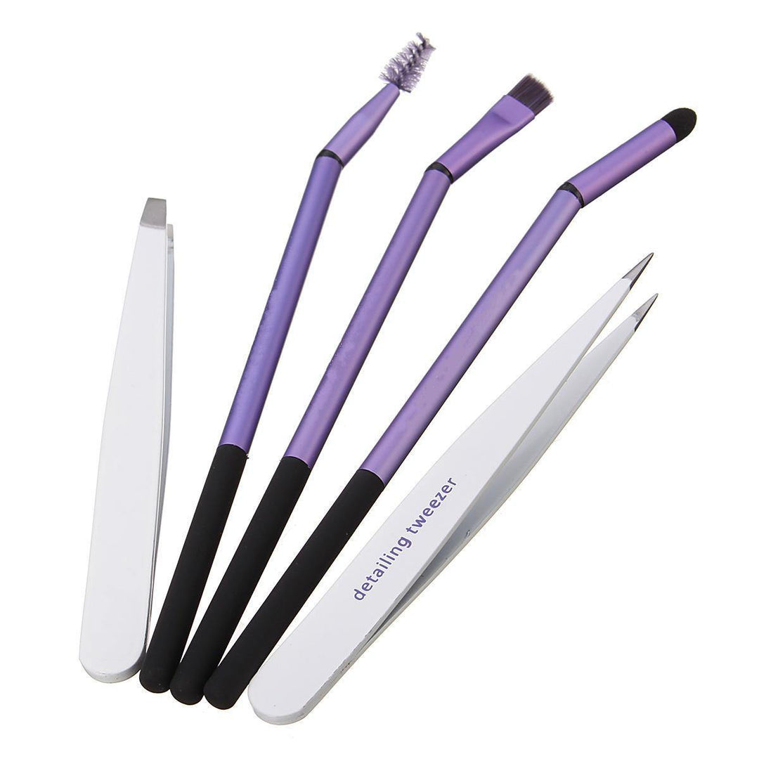 5pcs Eyebrow Grooming Tool Set Angled Tweezer Slanted Brow Spooile Definer Eye Makeup Brush Kit - MRSLM