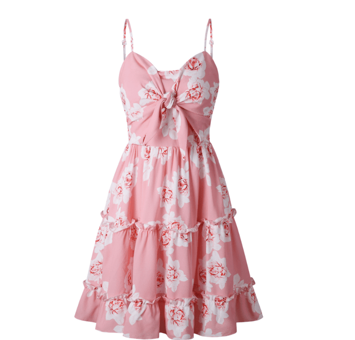 Bow Ruffled Sling Print Large Swing Dress - MRSLM