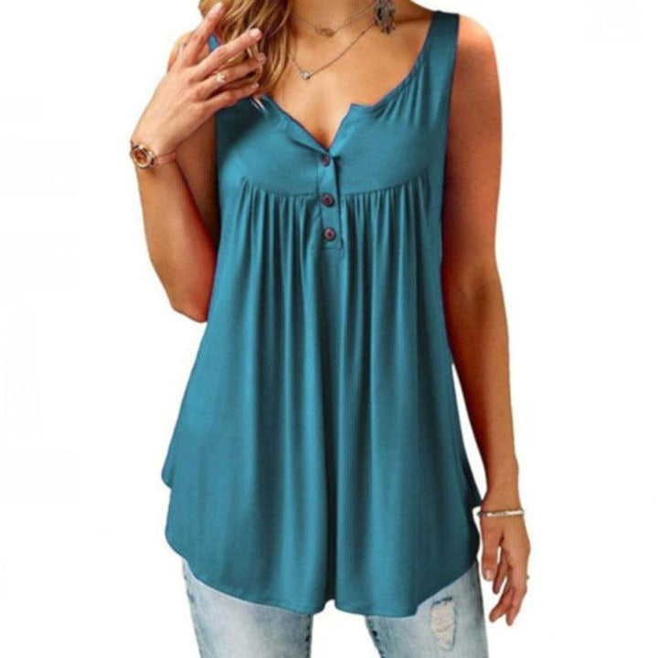 Solid Color Gathered Sleeveless Women's Casual T-Shirt Mid Length Button Vest - MRSLM