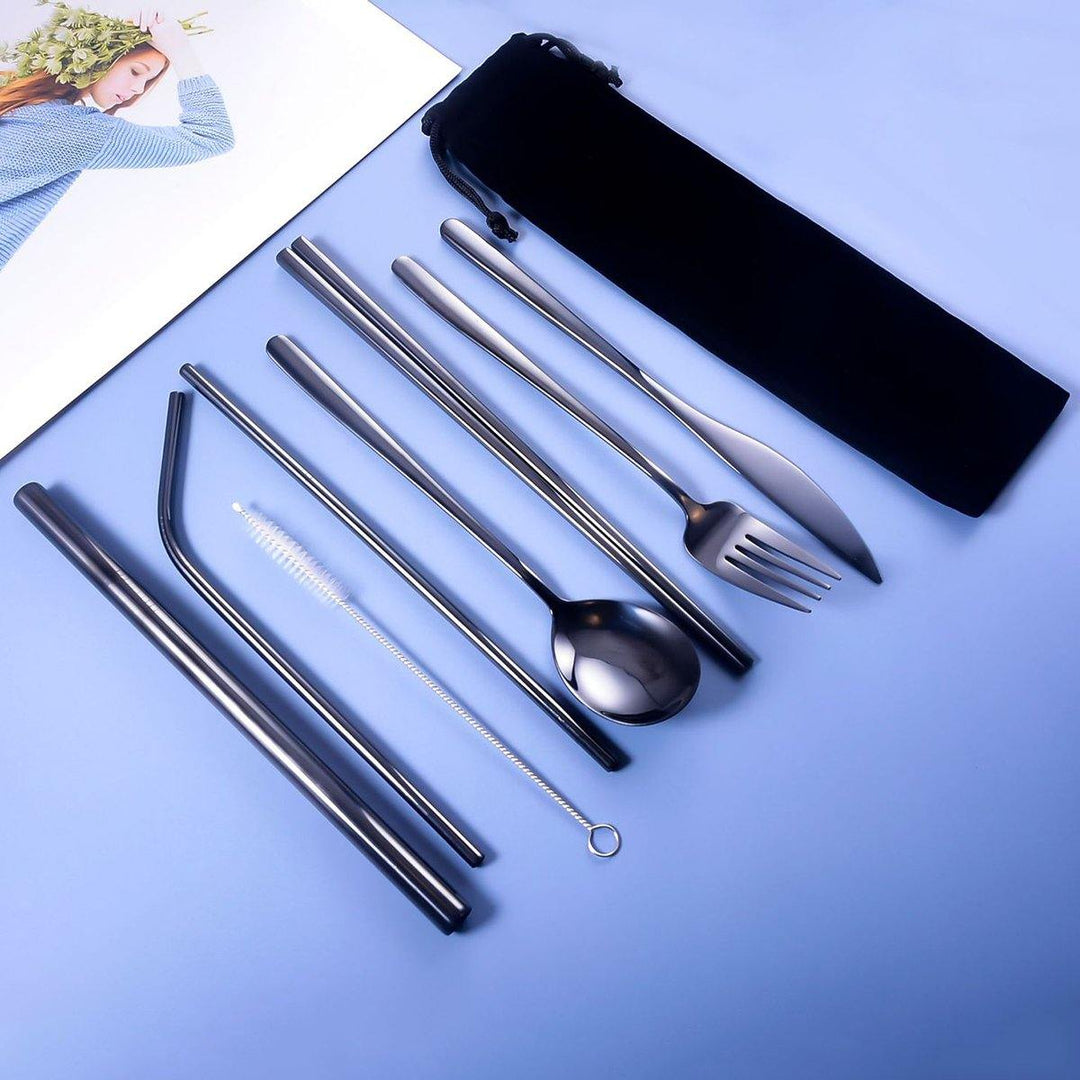 9pcs Titanium-Plated 304 Stainless Steel Cutlery Set Knife Fork Spoon Chopsticks Straw Set - MRSLM