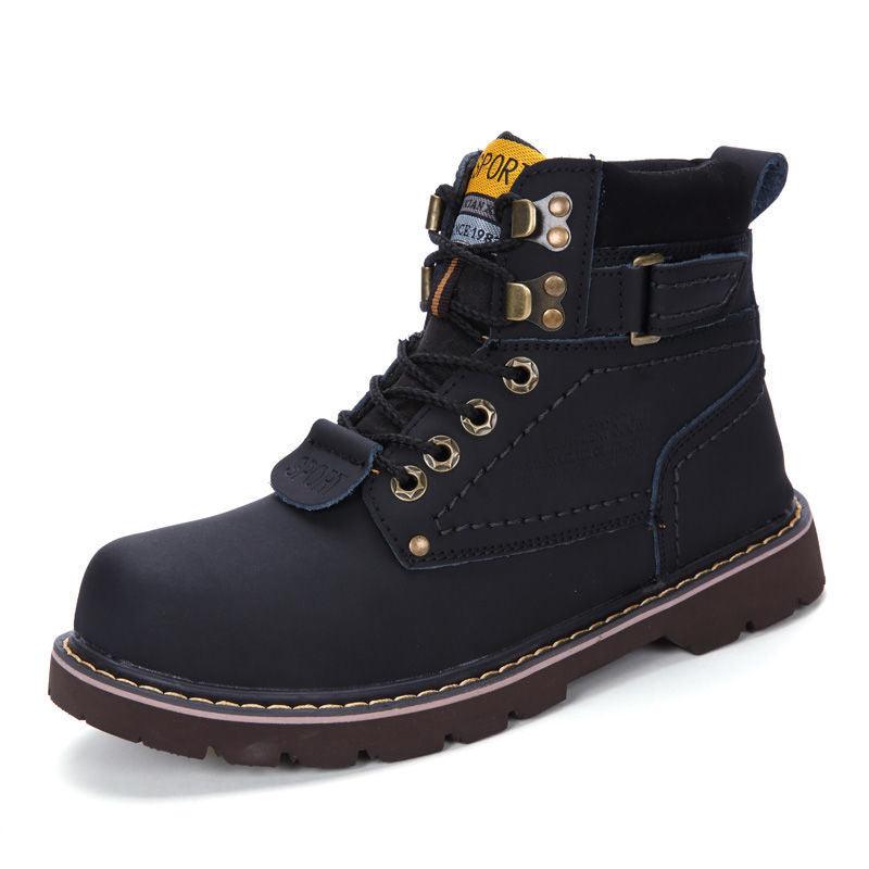 British Style Winter High-top Tooling Plus Velvet Korean Trendy Cowhide Rhubarb Boots - MRSLM