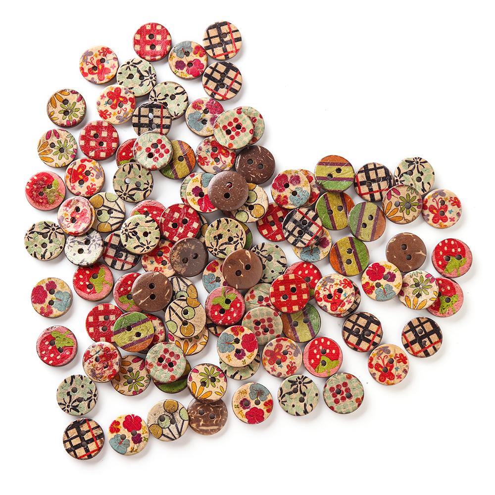 100 PCS Round Pattern Wooden Button Mixed 2 Hole Natural Sewing Children Handmade Clothes Buttons (1) - MRSLM