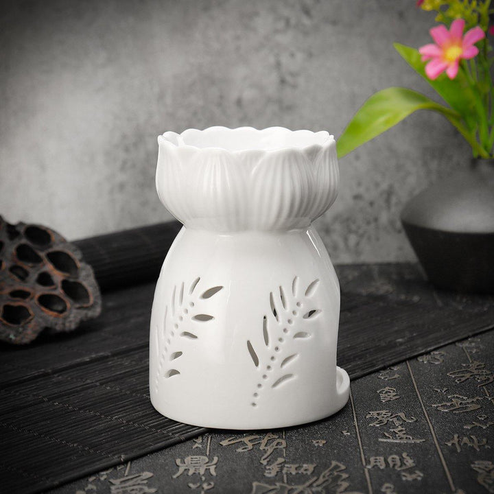 Lotus Flower Ceramic Oil Incense Burner Tea Light Holder Home Fragrance White - MRSLM