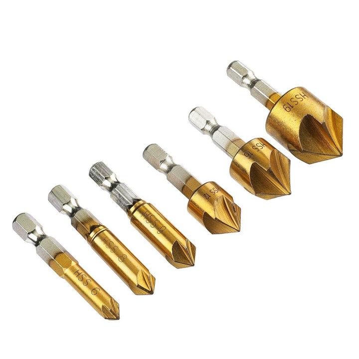 Drillpro 6Pcs 6-19mm Countersink Drill Bit 5 Flutes Hex Shank Titanium Coated Chamfer Cutter Set - MRSLM