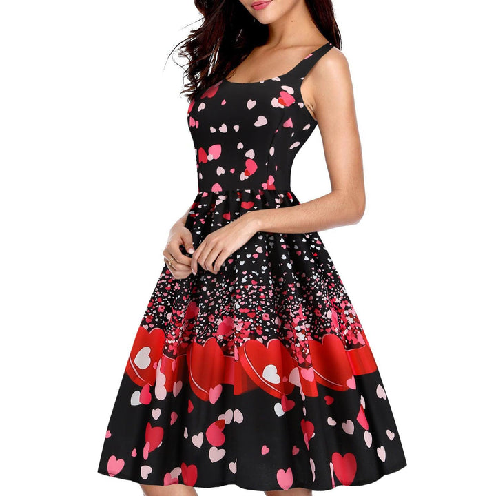 Valentines Day Temperament Stitching Heart Shaped Print Swing Dress - MRSLM