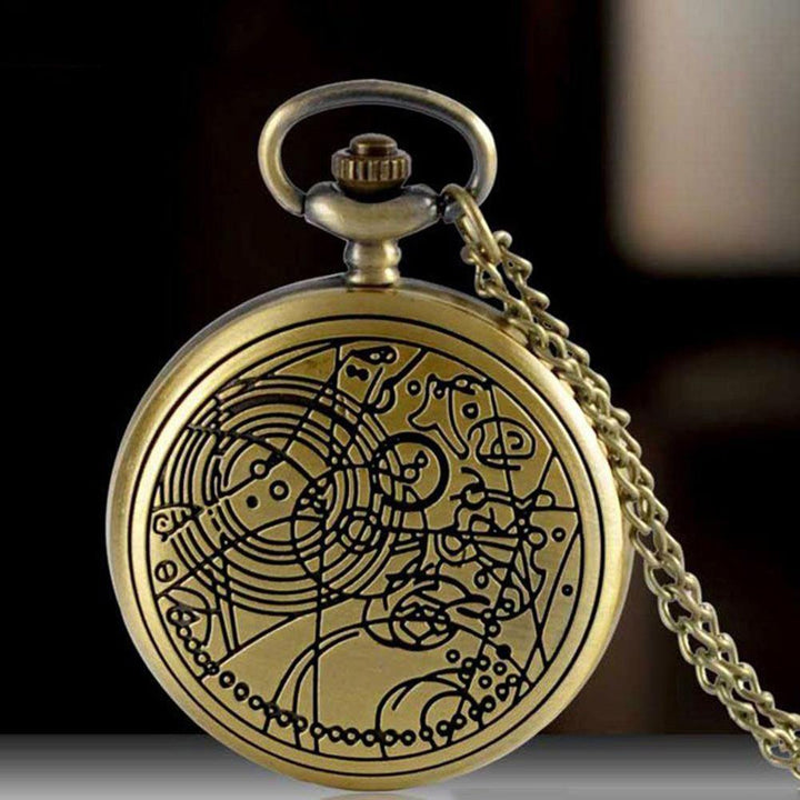 Retro Bronze Geometric Pattern Pocket Watch Quartz Chain Pendant Necklace Gift - MRSLM