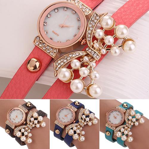 Women's Butterfly Faux Pearls Bracelet Faux Leather Rhinestone Wrap Wrist Watch - MRSLM