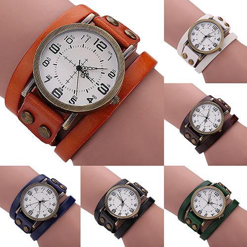 Unisex Retro Style Multi-Layers Leather Strap Bangle Wrap Bracelet Wrist Watch - MRSLM