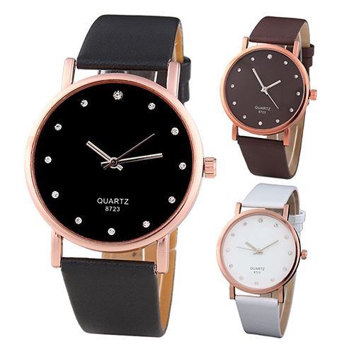 Women's Fashion Faux Leather Band Wristwatch Rhinestone Inlaid Quartz Watch - MRSLM