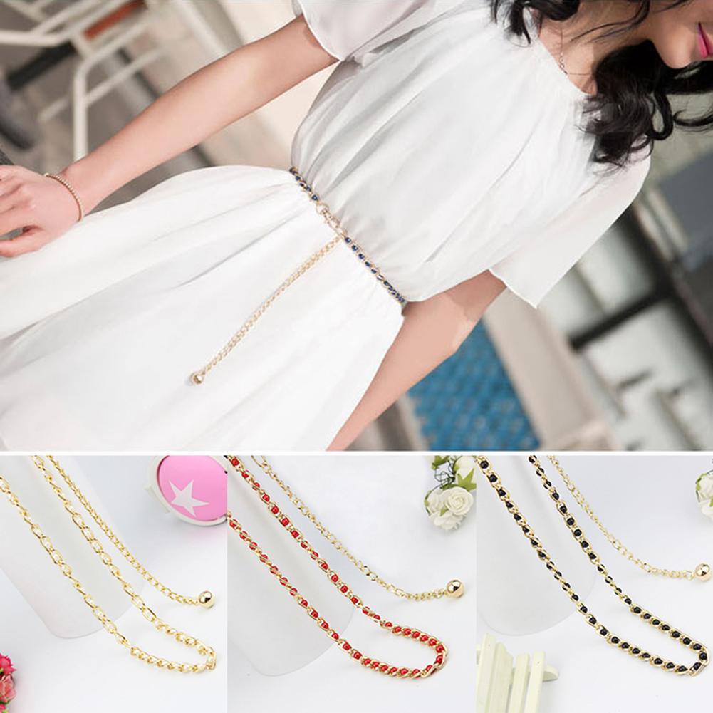 Women Faux Pearl Metal Thin Waist Chain Belt Bead Tie Waistband Strap Fashion - MRSLM