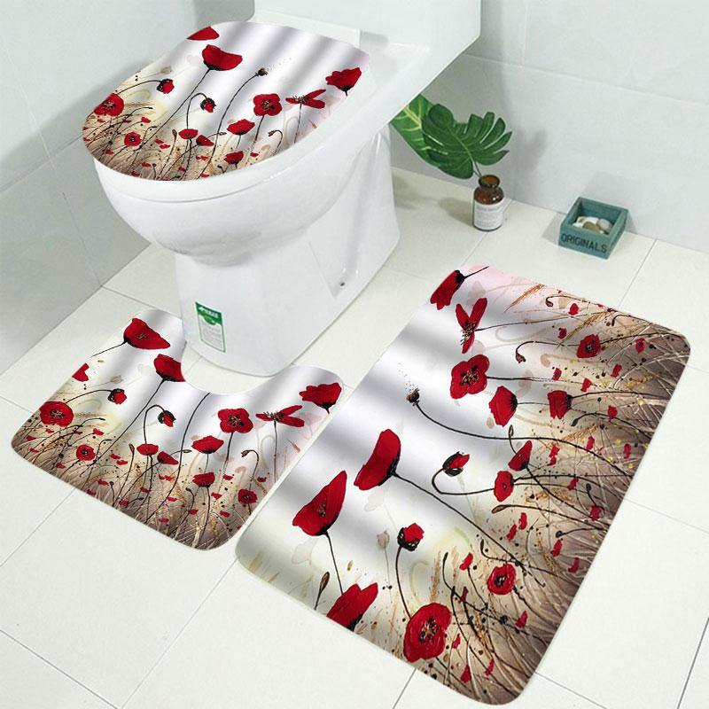 1/3/4Pcs Ink Painting Shower Curtain Bathroom Rug Set Flower Waterproof Polyester Fabric Bathroom Floor Mat Set - MRSLM