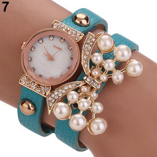 Women's Butterfly Faux Pearls Bracelet Faux Leather Rhinestone Wrap Wrist Watch - MRSLM