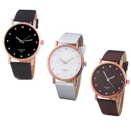 Women's Fashion Faux Leather Band Wristwatch Rhinestone Inlaid Quartz Watch - MRSLM