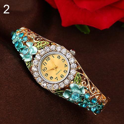 Women's Beautiful Flower Band Hollow Out Bangle Crystal Quartz Bracelet Watch Jewelry - MRSLM