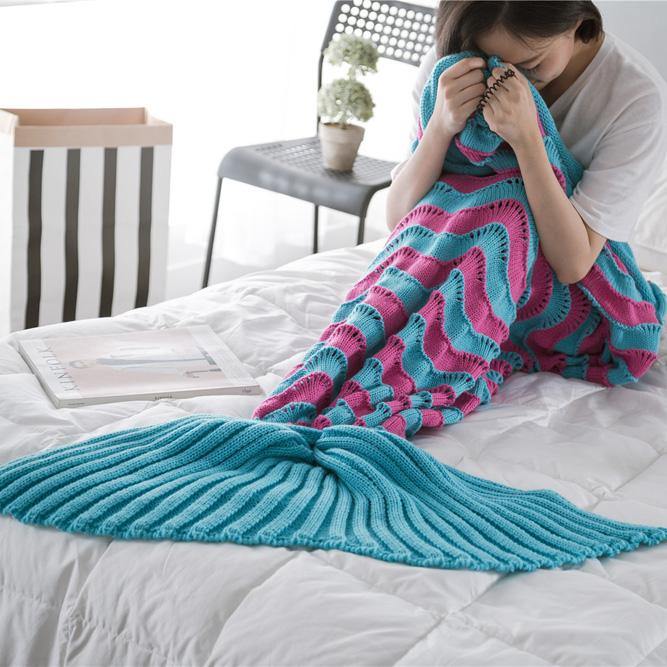 95x195CM Yarn Knitting Mermaid Tail Blanket Wave Stripe Warm Super Soft Sleep Bag Bed Mat - MRSLM