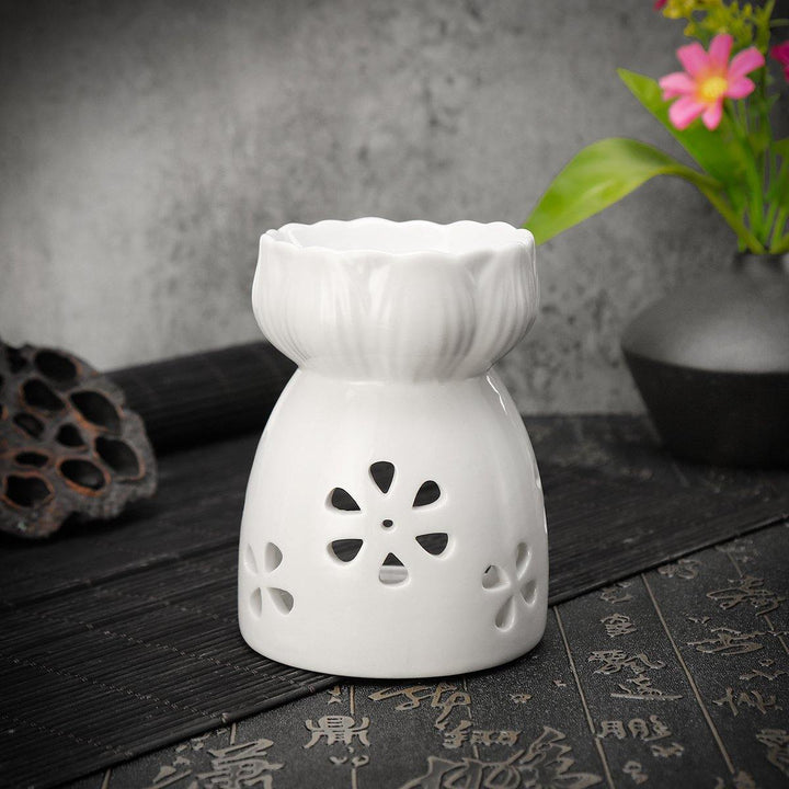 Lotus Flower Ceramic Oil Incense Burner Tea Light Holder Home Fragrance White - MRSLM