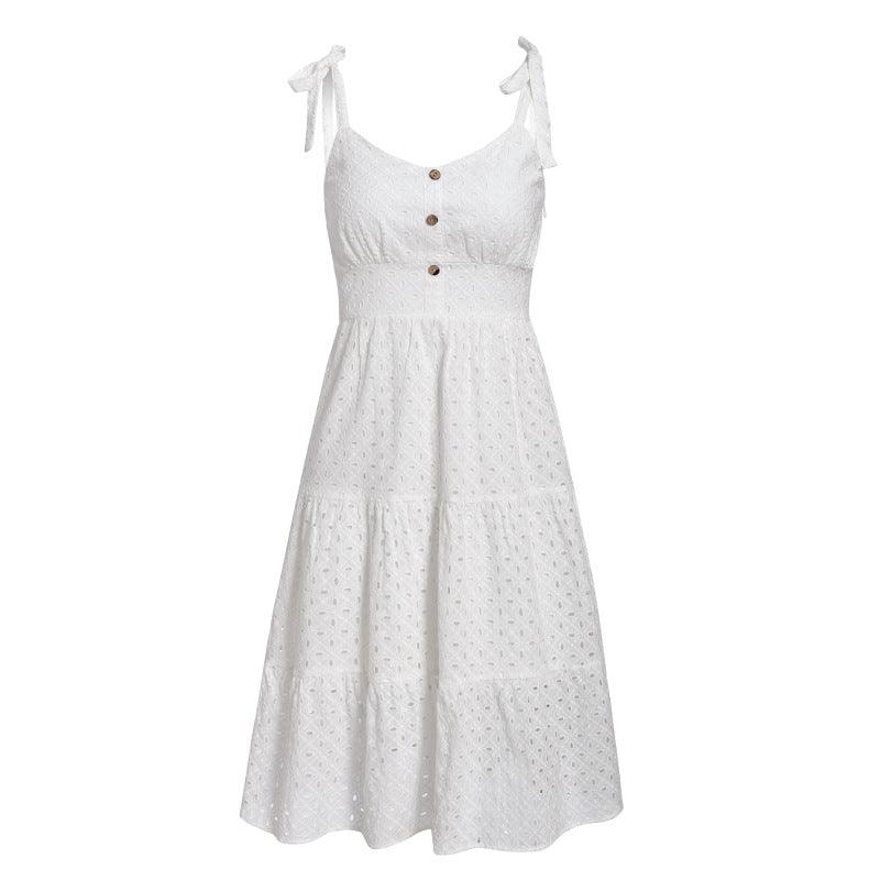 White lace hole embroidery solid color strap dress - MRSLM
