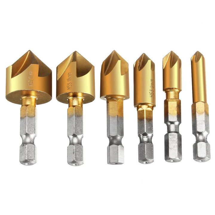 Drillpro 6Pcs 6-19mm Countersink Drill Bit 5 Flutes Hex Shank Titanium Coated Chamfer Cutter Set - MRSLM